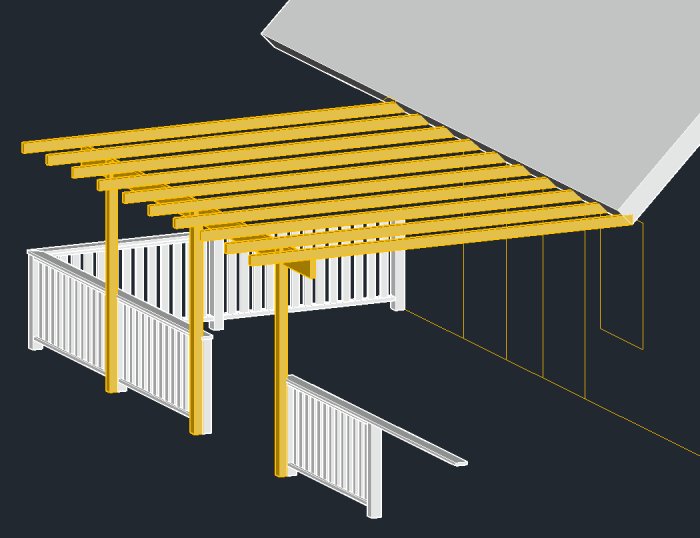 3D-modell av en pergola med ena sidan fäst i ett hus och andra sidan stödd av stolpar.