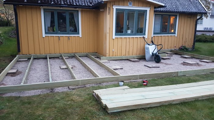 Pågående bygge av altanstomme i trä med markarbeten framför gul trävilla, skottkärra och Milwaukee verktyg synliga.