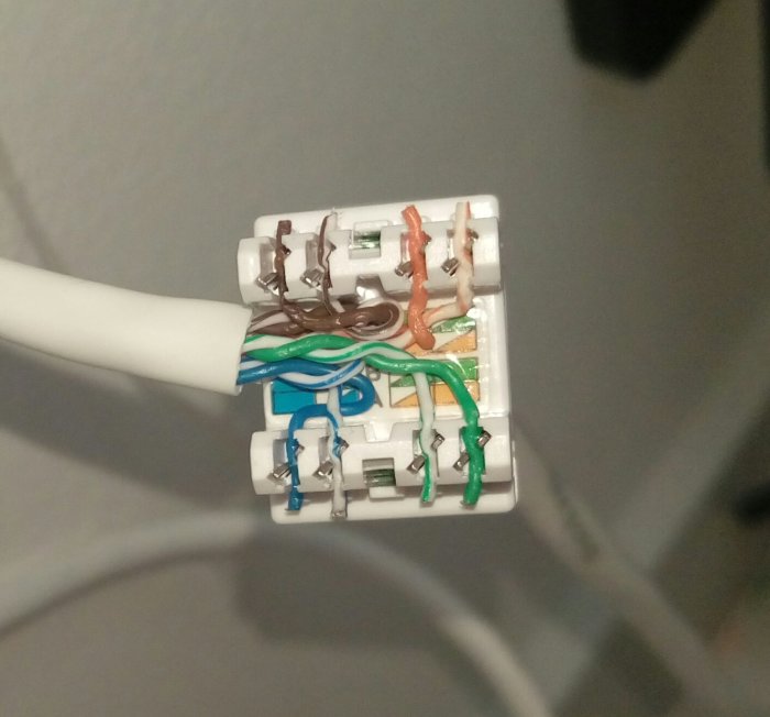 Nätverkskabel korrekt ansluten till en RJ45-vägguttag efter övning.