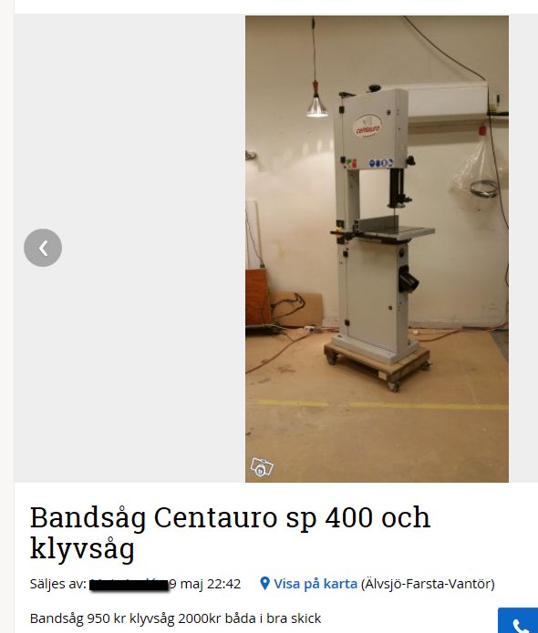 Bandsåg Centauro SP 400 i ett verkstadsutrymme, prissatt till 950 kr enligt inlägg.