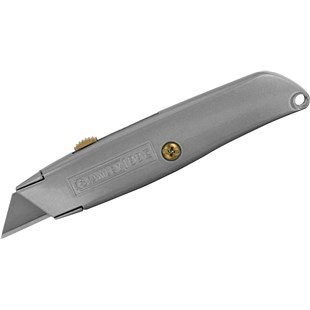 En hopfällbar mattkniv med metallhandtag och utskjutbart blad, använd för att skära mattor.