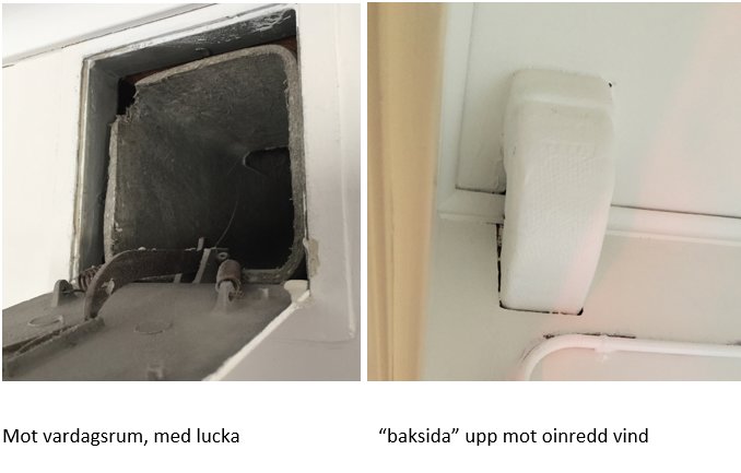 Två bilder av gammal ventilation: en visar en öppen ventilationslucka i vardagsrum, den andra visar isolerat ventilationsrör.