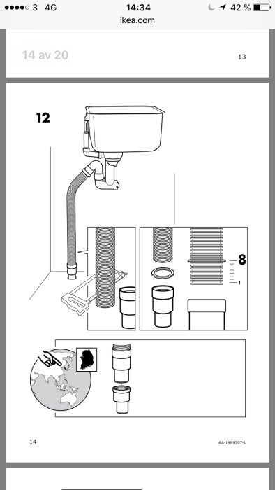 Illustration av IKEA Lillviken vattenlås och rörmontage med numrerade komponenter och en detaljbild som visar åtta ringar för installation.