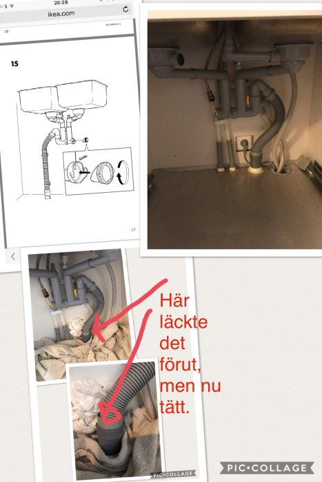 Köksavlopp med IKEA vattenlås, kopplat till diskmaskin, markerat där tidigare läckage fixats med ny gummiring.