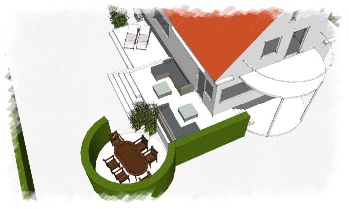 3D-design av en uteplats med en avenbok, utemöbler och intilliggande hus, ingen synlig stängsel.