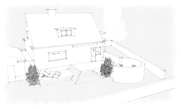 Skiss av hus med ny uteplats och avenbok vid curvad vägg, planering för vindskydd och skugga.
