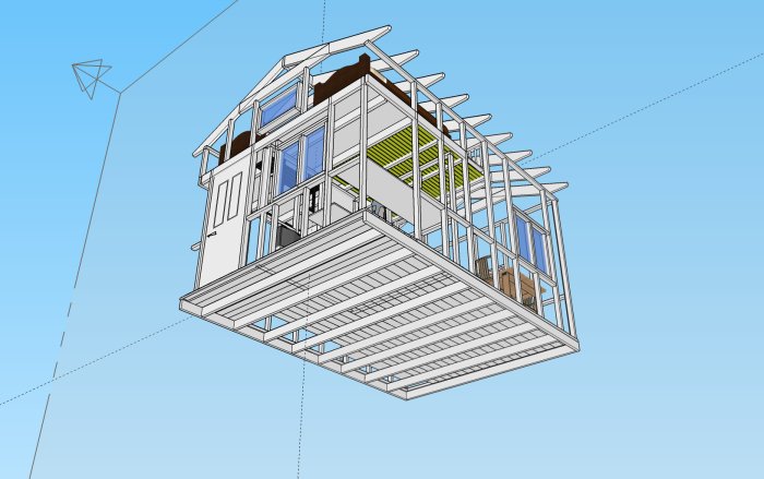 3D-ritning av en stuga med visning av reglar, sovloft och bastu, planerad för byggnation på plintar.