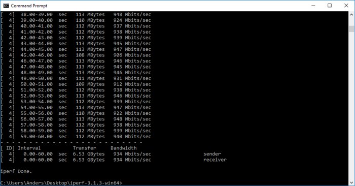 Skärmbild av Command Prompt med resultat från ett iperf3-test som visar stabil bandbredd på cirka 934 Mbits/sek.