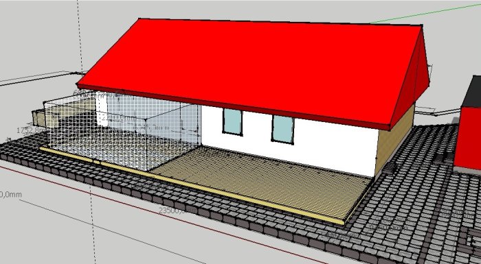 3D-modell av ett hus med rött tak och planerat inglasat uterum på ett trädäck.