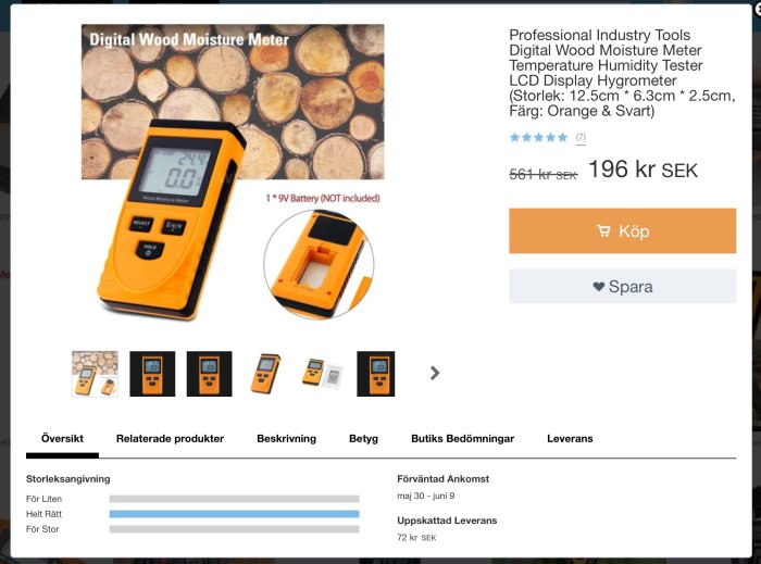 Digital fuktmätare för trä med LCD-display, orange och svart, visas med specifikationer på en webbutikssida.