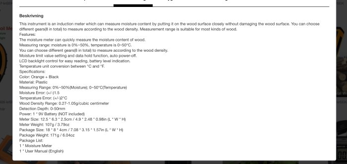 Skärmdump av produktsida för en orange och svart träfuktmätare med specifikationer.