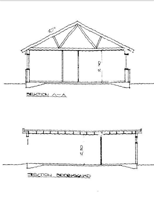 Blueprint drawings of a garage with a pitched roof and detailed cross-sections, highlighting construction design aspects.