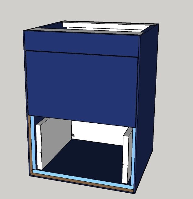 3D-skiss av en kommod med två lådor och infällda lådfronter, avsedd för byggprojekt.