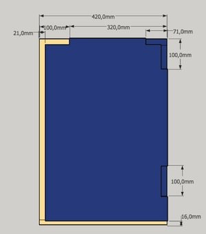 Ritning av en kommod i SketchUp med dimensioner och detaljer för infällda lådfronter och reglar.