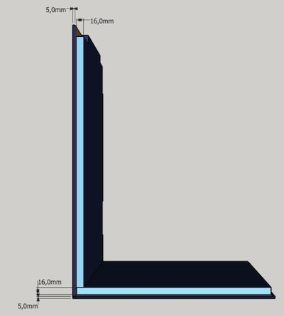 Digital skiss av kommodens hörn med dimensioner och infälld lådfront designad i SketchUp.