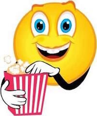 Glad emoji som håller i en randig popcornförpackning med popcorn som hoppar ut.