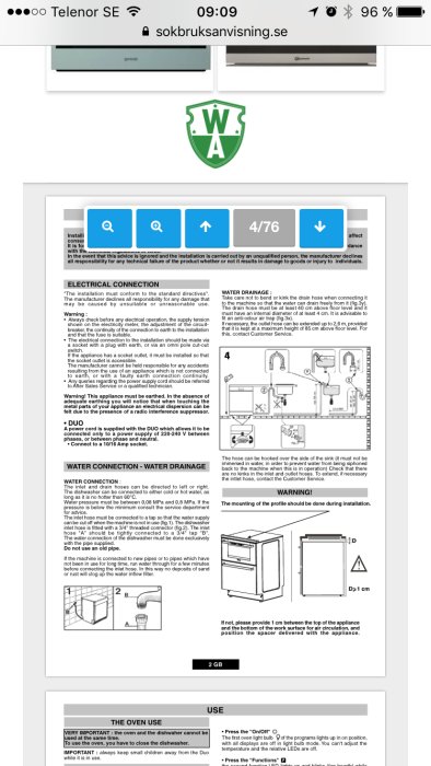 Skärmdump av en bruksanvisningssida för installation och vattenavlopp med text och diagram.