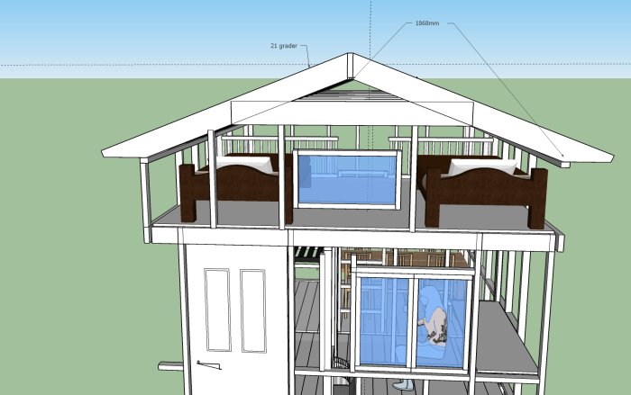 3D-ritning av en del av ett hus med lutande tak på 21 grader och måtten på en regel.