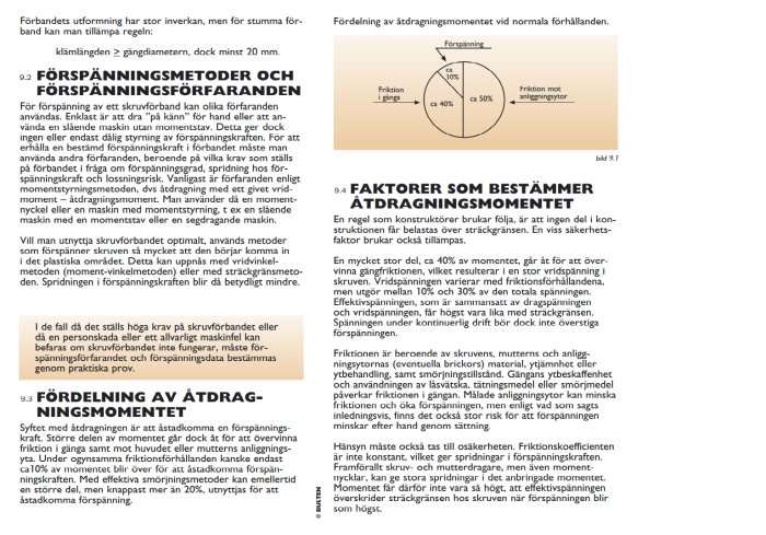 Sida ur teknisk manual med text och diagram om fördelning av åtdragningsmoment i skruvförband och faktorer som påverkar detta.