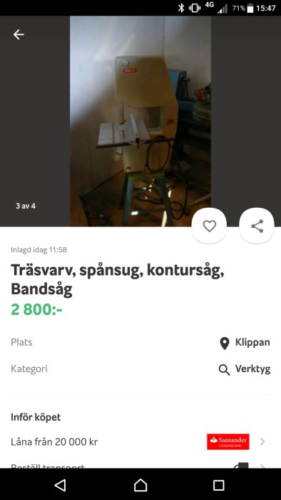 Begagnad bandsåg från INCA i ett arbetsrum, annonserad för försäljning online.