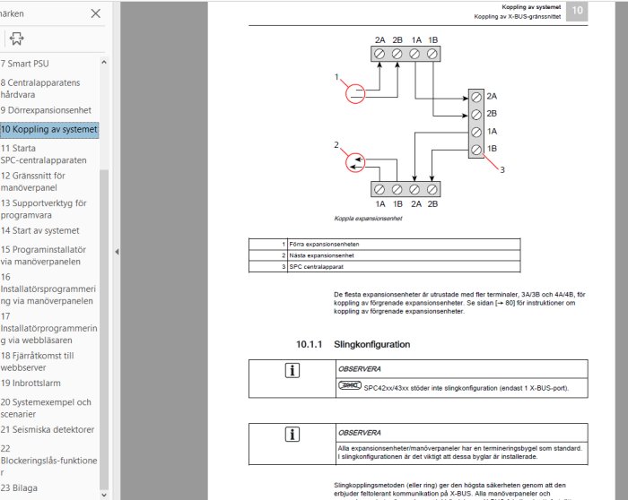 Skärmdump av en manual som visar en elektrisk kopplingsschema för ett säkerhetssystem.