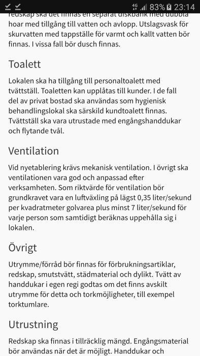 Smarttelefonskärm som visar text om krav på hygienutrymmen och ventilation för lokaler.