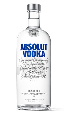 Flaska av Absolut Vodka mot vit bakgrund.