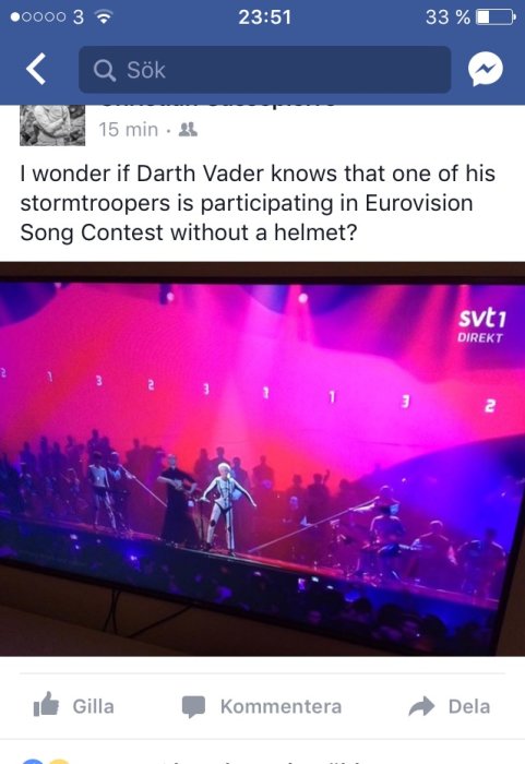 Scen från Eurovision Song Contest med artister som ser ut som stjärnornas krig-karaktärer.