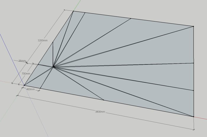 3D-rendering av en sluttning med måttangivelser, avsedd för betonggjutning med angiven fallhöjd.