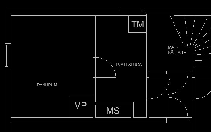 Ritning som visar planlösningen för ett pannrum och en tvättstuga med utmärkta områden och mått.