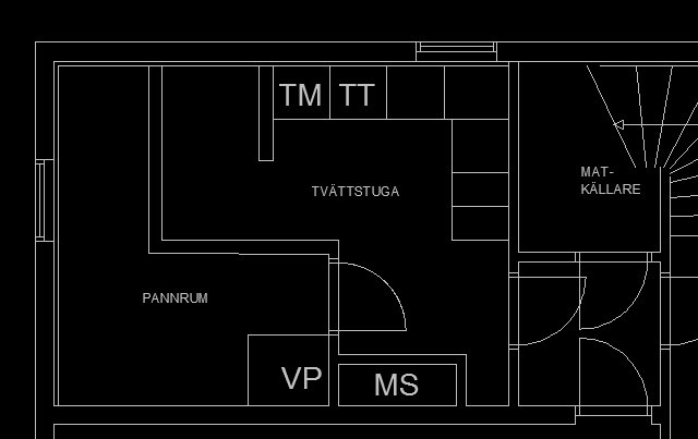 Ritning med planlösning för en tvättstuga och pannrum, med markerade områden för VVS och förvaring.