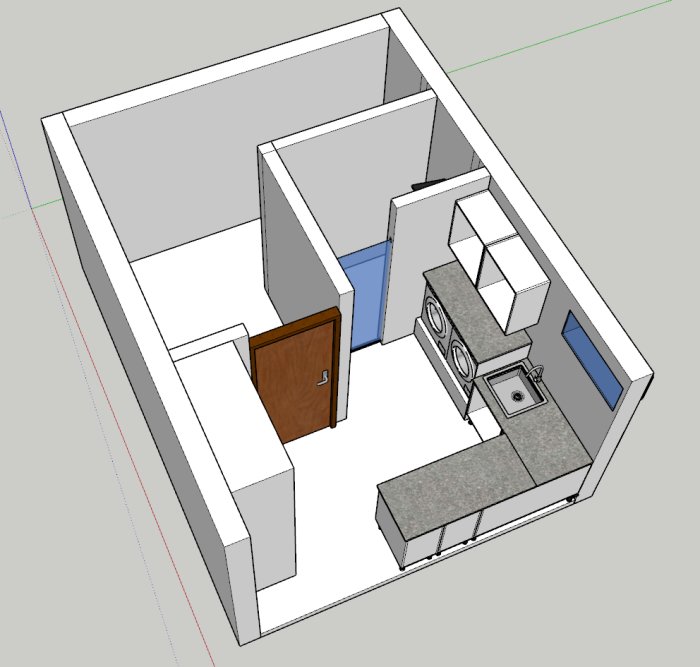 3D-Sketchupmodell av en planlösning för en kombinerad pannrum och tvättstuga med möblering och utrustning.