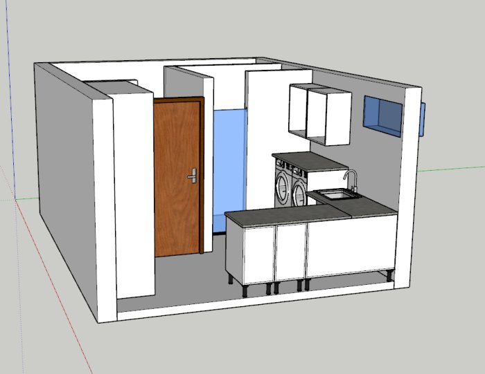 3D-Skiss av ett tvättstugerum med tvättmaskin, diskho och förvaringsskåp.