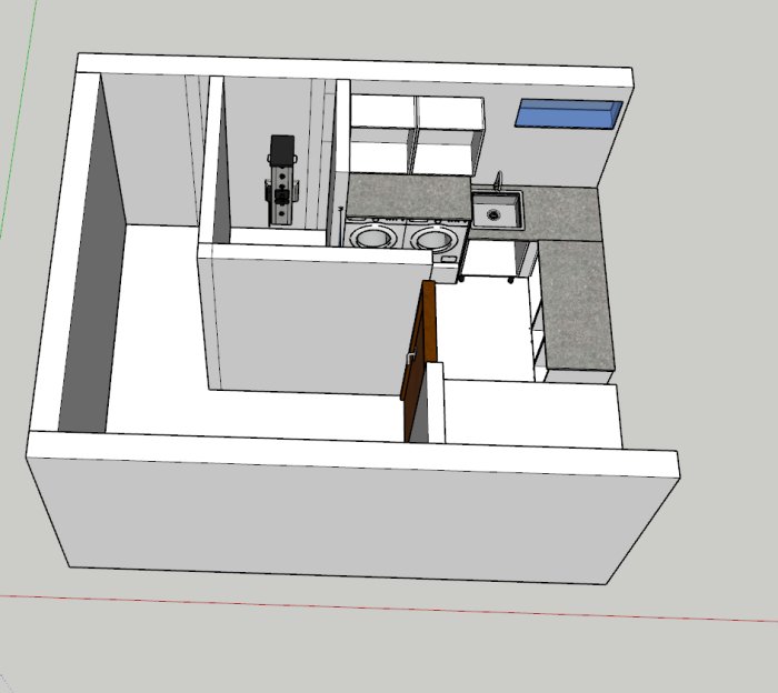 3D-Skiss av en planlösning för en kombinerad tvättstuga och pannrum med inredningsdetaljer.