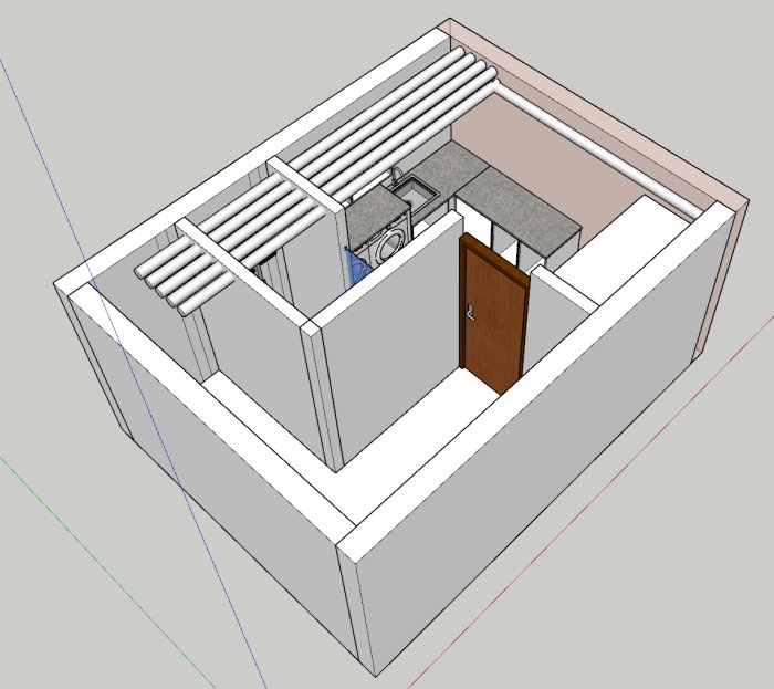 3D-skiss av ett pannrum med rörledningar, nätverksställ och plats för arbetstank.