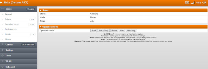 Skärmdump av Robonect användargränssnitt för robotgräsklipparen Gardena R40Li som visar status och driftslägen.