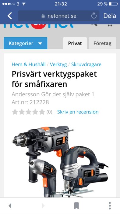 Verktygspaket med borr och sticksåg för hemmabruk på en webbshopssida.