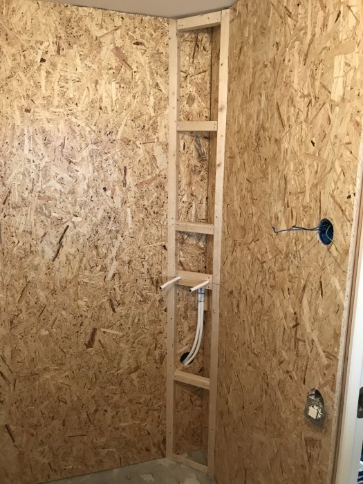 Renoveringsfas med osb-väggar, träreglar och nydragen elinstallation i duschhörna.