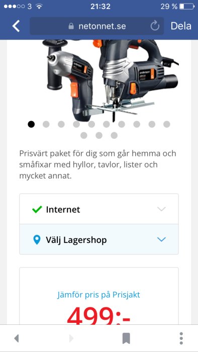 Prisvärt paket av en borrmaskin och sticksåg för hemmafixare, visas på webbutikssida med pris.