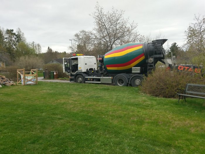 Betonblandare lastbil levererar betong till byggplats, grönt gräs i förgrunden.