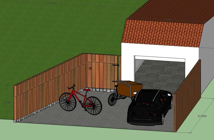 3D-modell av en garageuppfart med plank, bil och cykel, som visar det planerade byggprojektet.