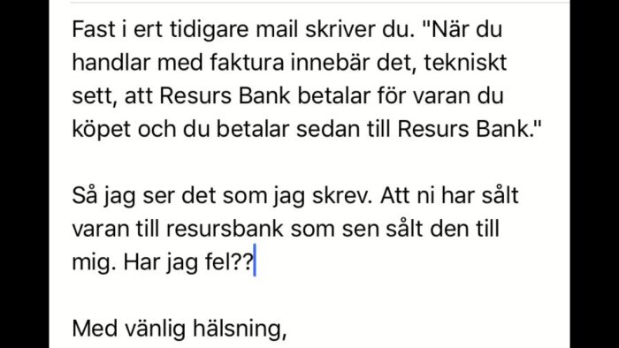 Skärmdump av ett e-postmeddelande som diskuterar fakturabetalning med Resurs Bank.