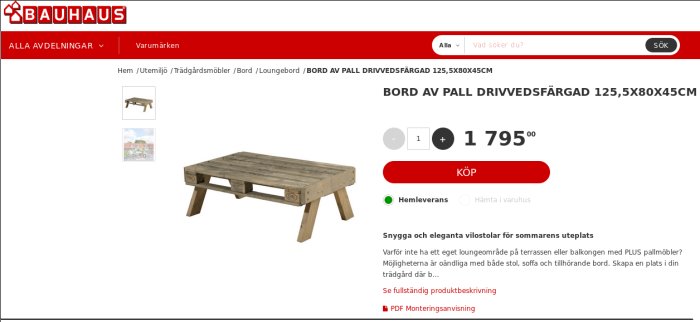 Trädgårdsbord av drivved med ben, prisangivelse, på en webbshopssida.