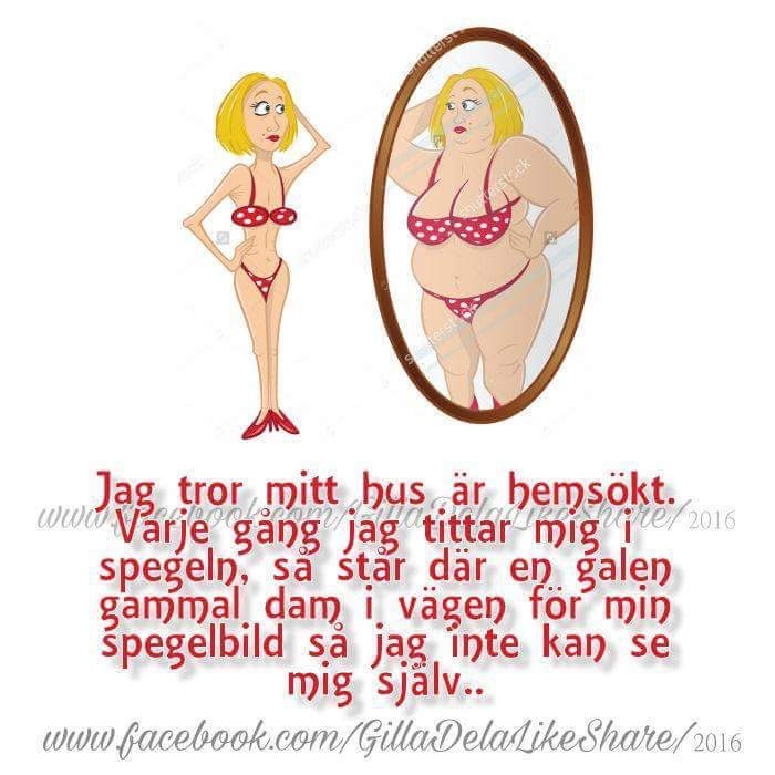 Illustration av en kvinna i bikini som ser sin reflektion som en äldre kvinna i spegel, med humoristisk text.