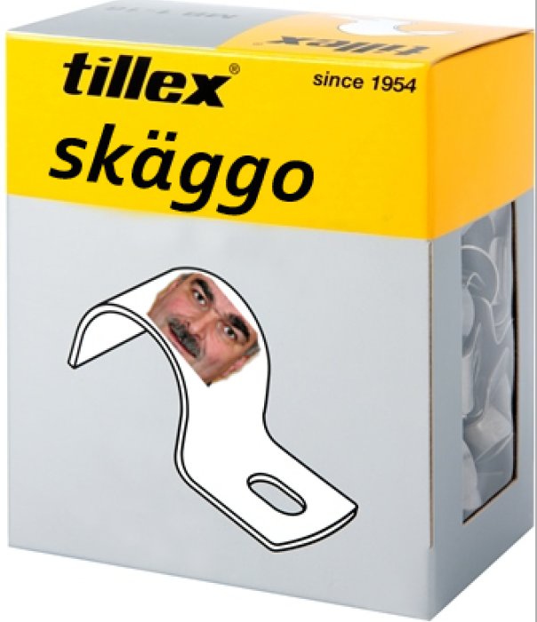 Förpackning märkt 'tillex skäggo' med bild av skäggmodell på en ritad skäggtrimmer.