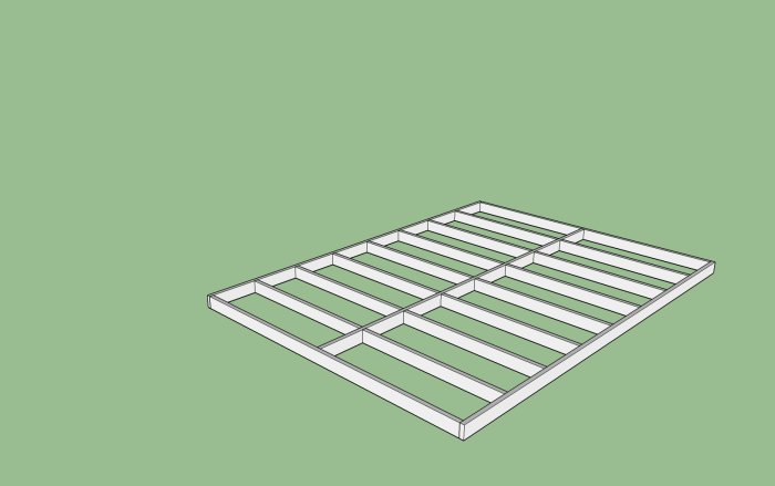 3D-skiss av träregelekonstruktion med tvärgående regel och ram, avsett för byggprojekt.