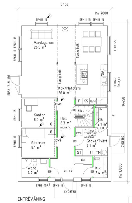 Arkitektonisk ritning av en entrévåning med vardagsrum, kök/matsal, kontor, gästrum, hall, och badrum.