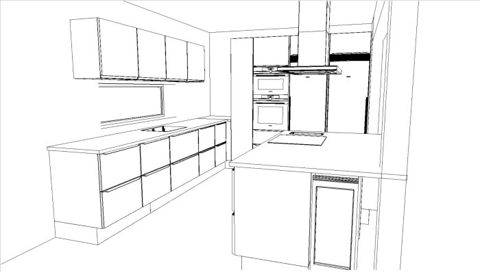Arkitektritning av ett kök med svart ek på skåp och en vit köksö.