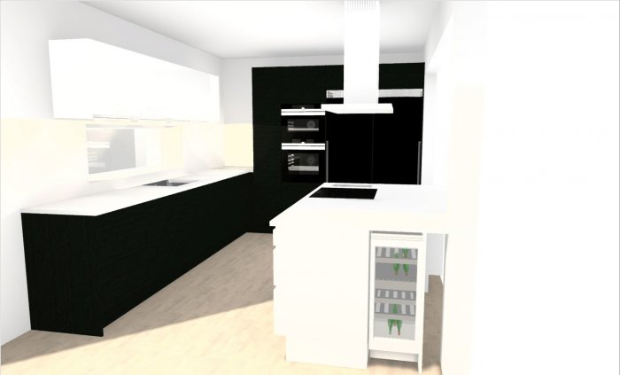 Skiss av ett modernt kök med svart ek och vit köksö, integrerade vitvaror och öppen planlösning.