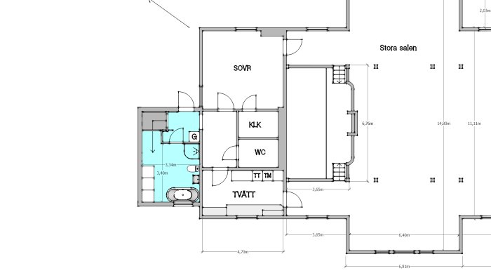 Oversiktlig arkitektonisk ritning av en bostad med markerade utrymmen för sovrum, klädkammare, WC och tvättstuga.